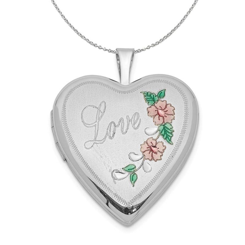 Silver And Enamel 20mm Love Floral Heart Locket Necklace - 24 In